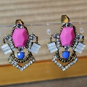 Vintage Clip On Earrings Pink & Blue Faceted Rhinestones w White Opal Baguettes